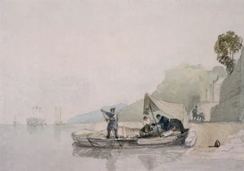 Kystscene med både og figurer (tegning)